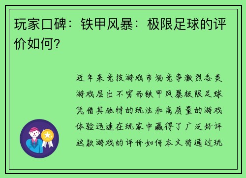 玩家口碑：铁甲风暴：极限足球的评价如何？